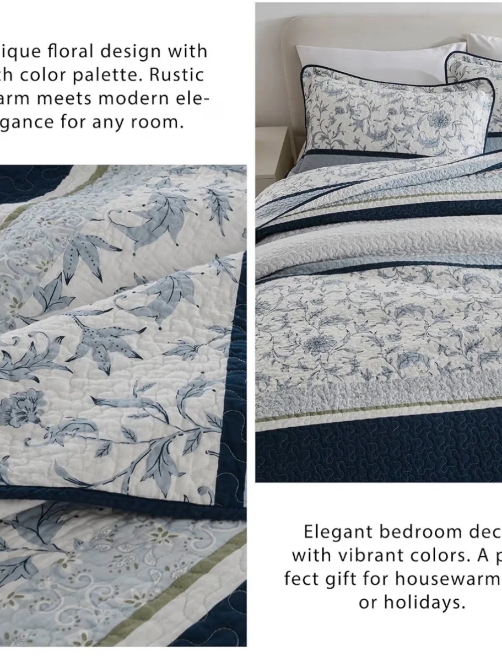 Reversible Floral and Stripe Quilt Set in Blue and White